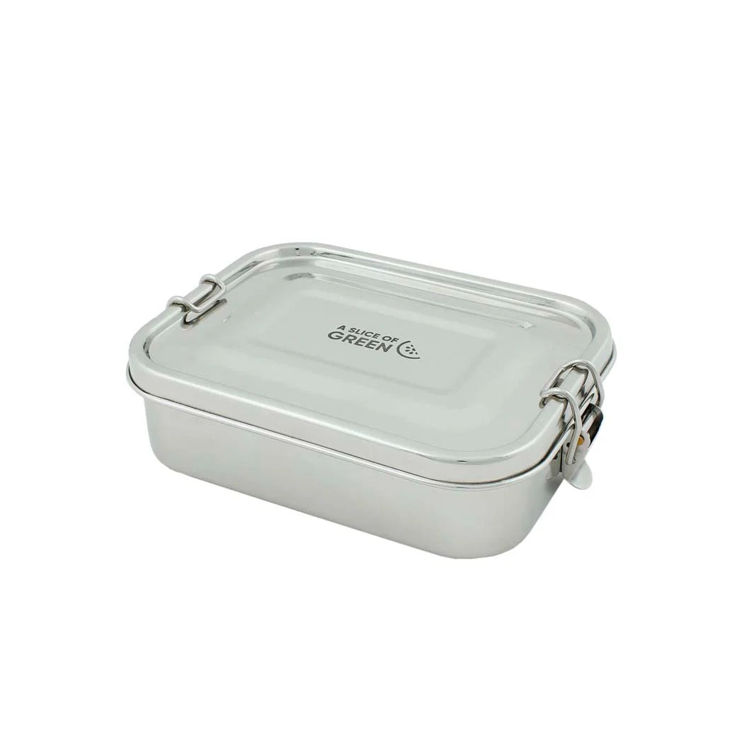 A rectangular stainless steel lunch box with a metal lid, secured by metal latches on the sides. The lid features the 'SLICE OF GREEN' logo printed in the centre.