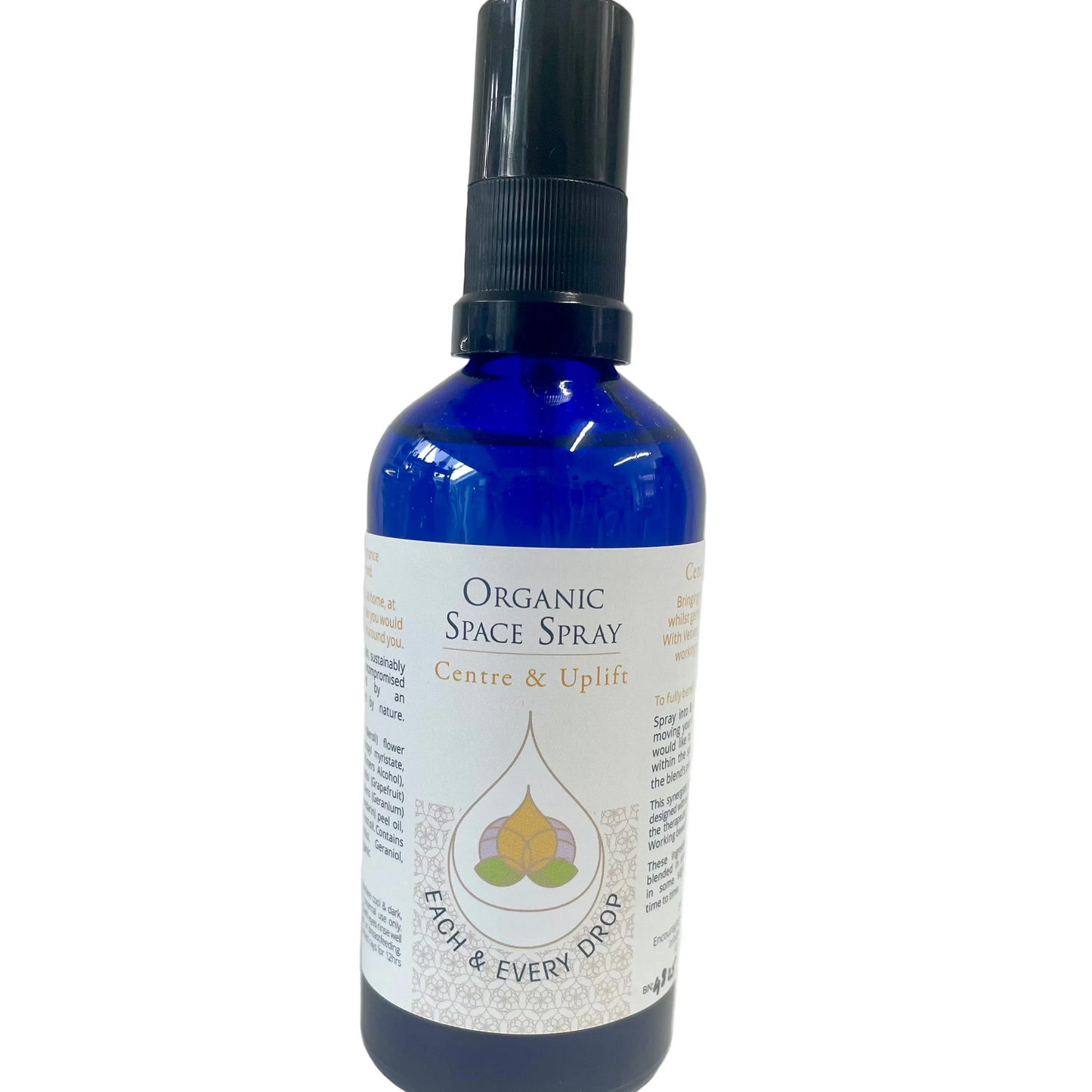 blue bottle of organic aromatherapy space spray, centre & uplift