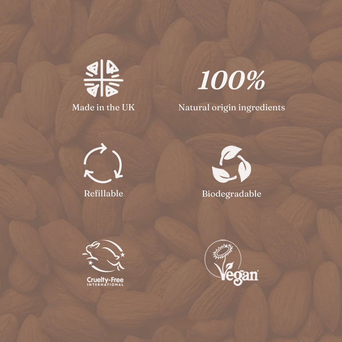 Miniml Floor Cleaner summary label with sustainability and ethical certification logos on a brown background comprising almond images
