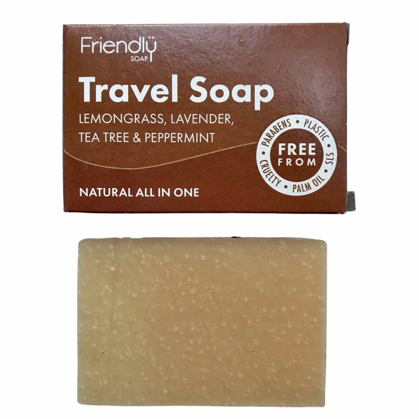 A bar of travel soap by Friendly Soap. Great for body, hair and laundry.