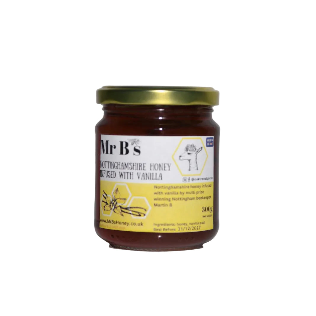 Jar of Mr B's infused honey from Oak Tree Farm on a white background