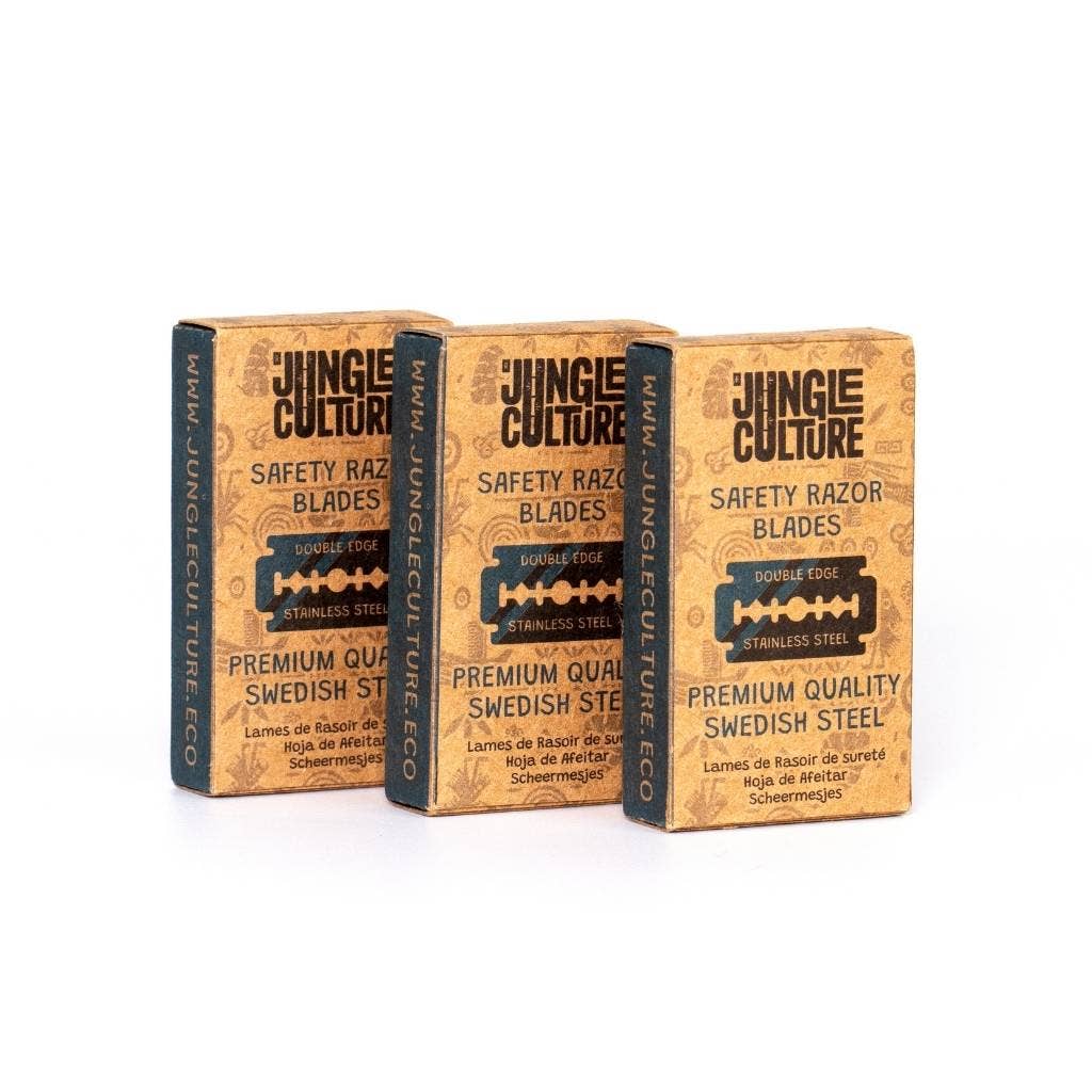 Three packages of Jungle Culture safety razor blades on a white background