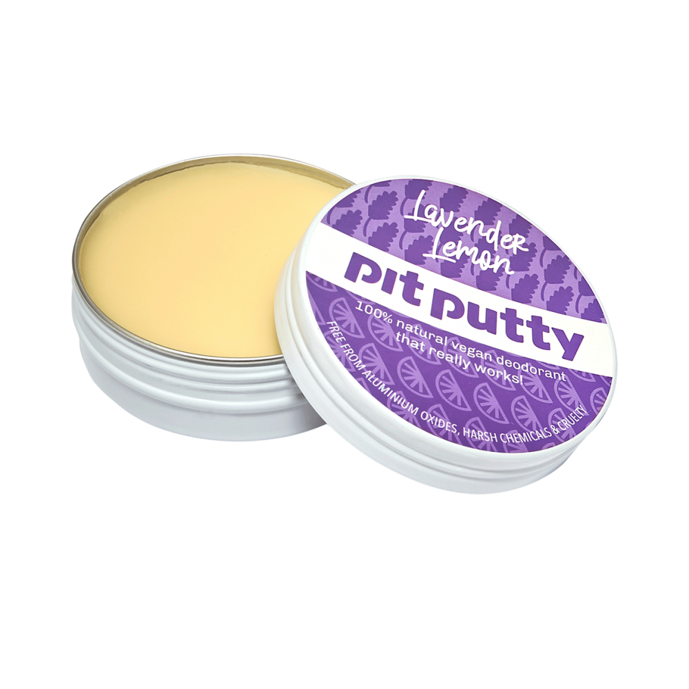 Pit Putty deodorant in a purple container on a white background