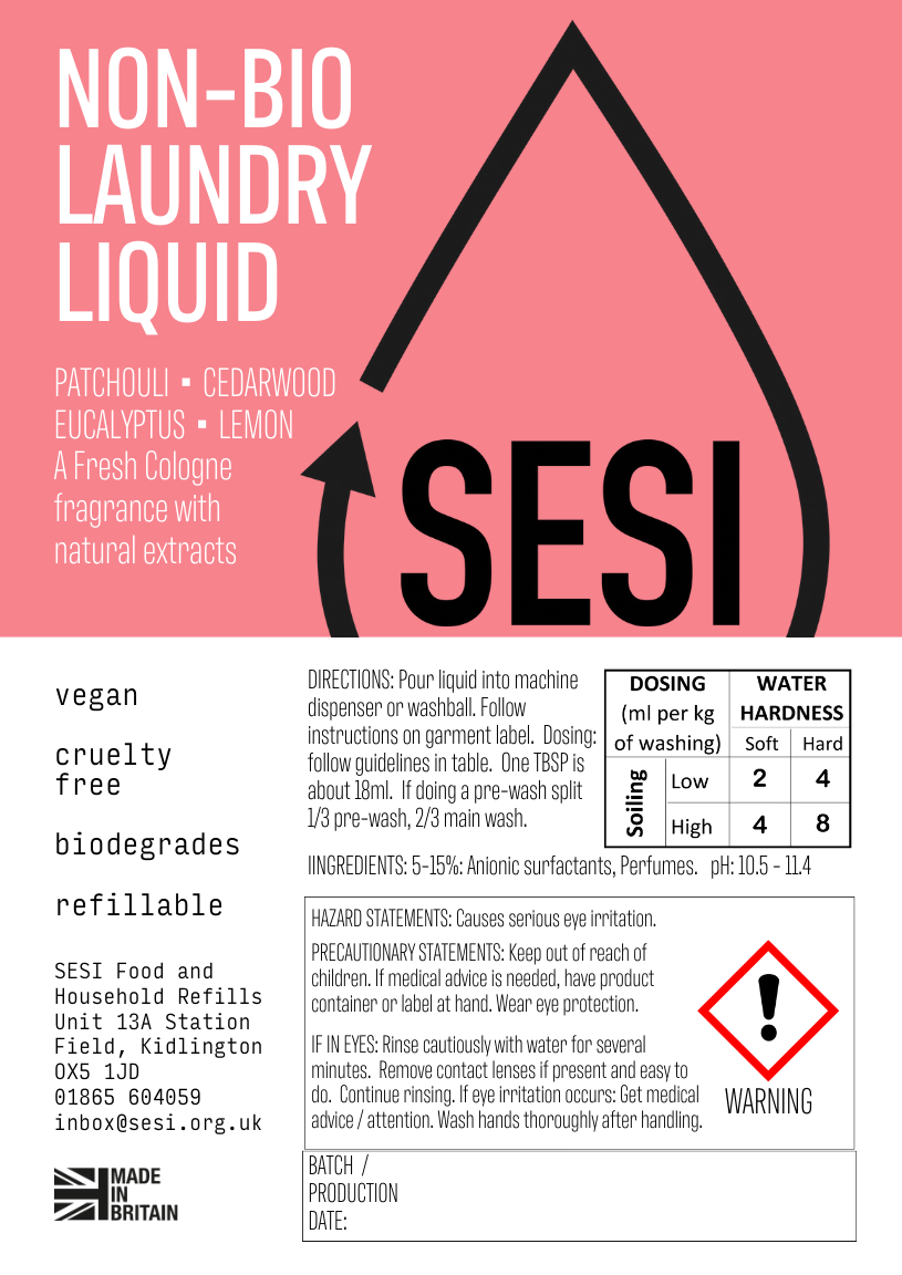 SESI Non-Bio Laundry Liquid Fragranced, per 100g. For In-Store Refill Only.