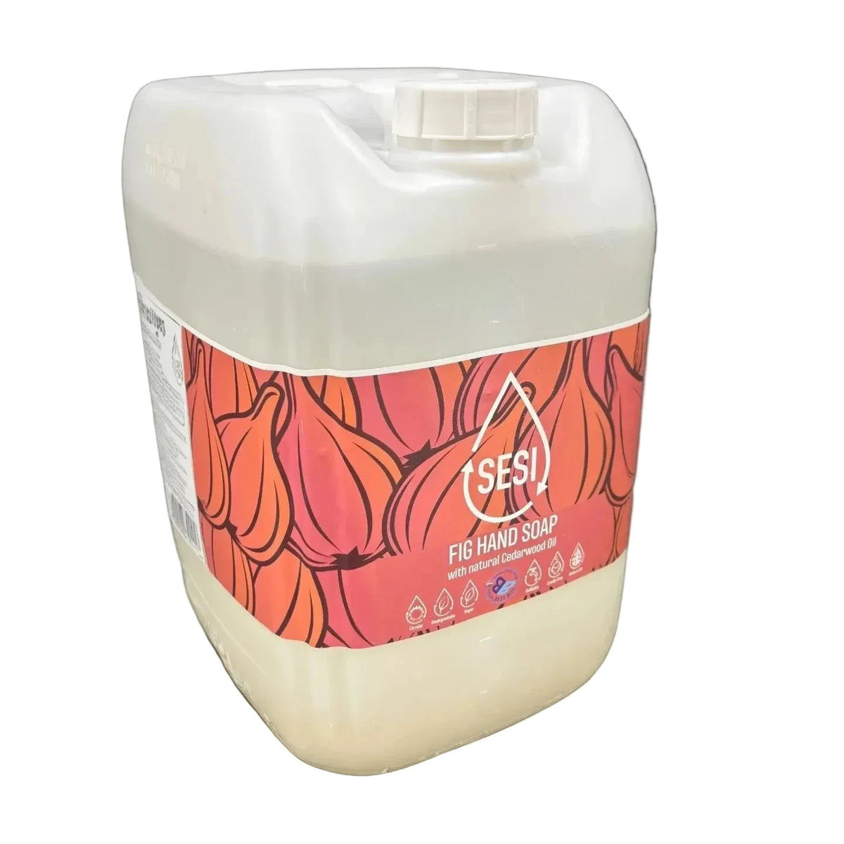 A large white plastic jerrycan of Sesi Fig Hand Soap with a prominent red and orange label, shown on a white background.