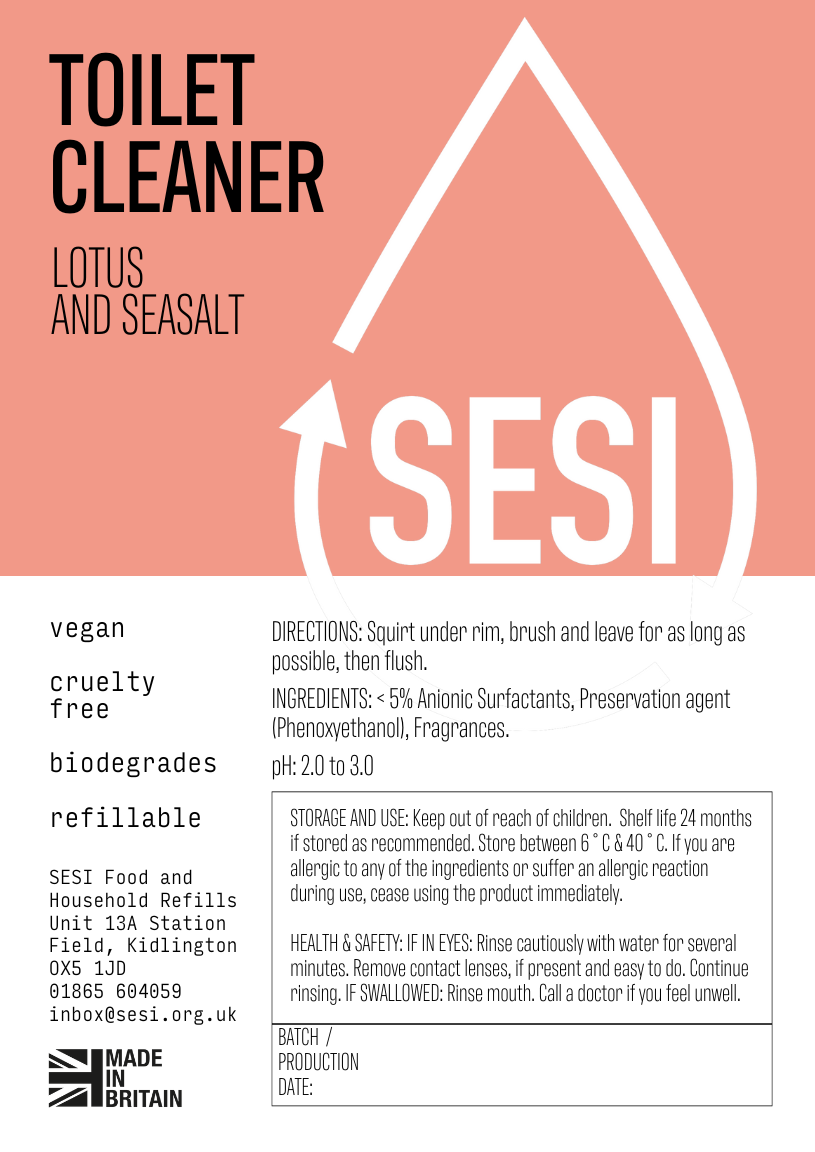 A half white half coral orange label with the tile SESI toilet Cleaner Lotus & Sea Salt and ingredients, storage and usage instructions listed.