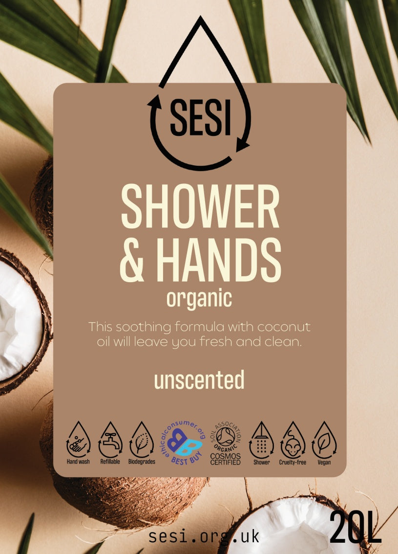 SESI® shower and hands organic product packaging with coconut elements.