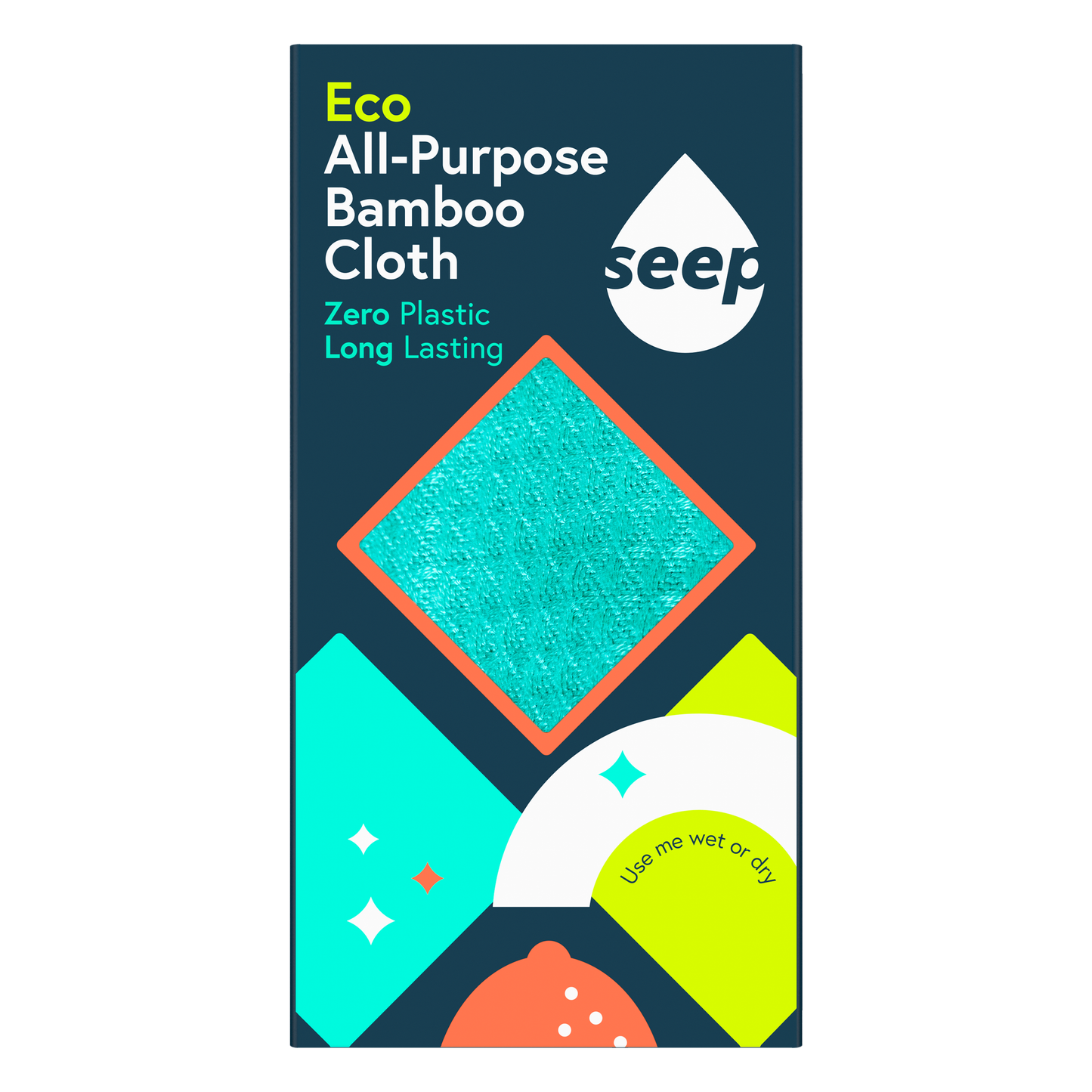 Packaging of a single Eco All-Purpose Bamboo Cloth by Seep with geometric design on a white background