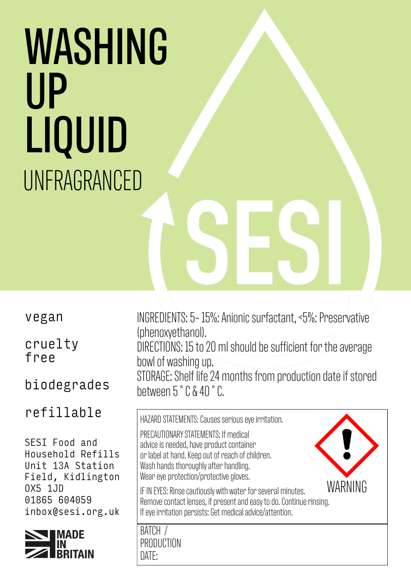 SESI's unfragranced washing up liquid label with green background and white text and ingredient text in black on a white background