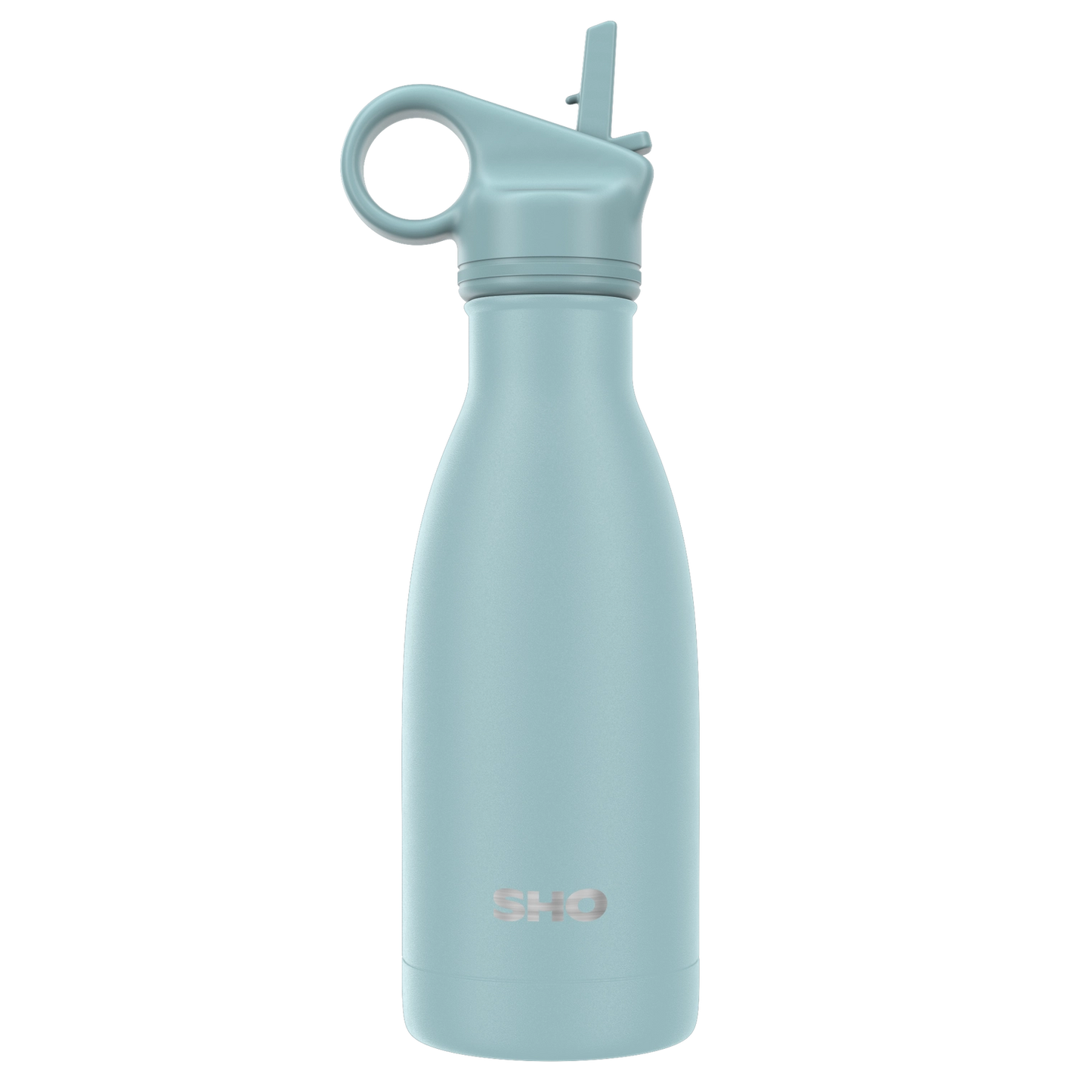 A light blue insulated water bottle with a matching loop handle lid and flip straw lid, shown on a plain white background.