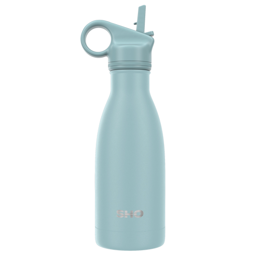 A light blue insulated water bottle with a matching loop handle lid and flip straw lid, shown on a plain white background.