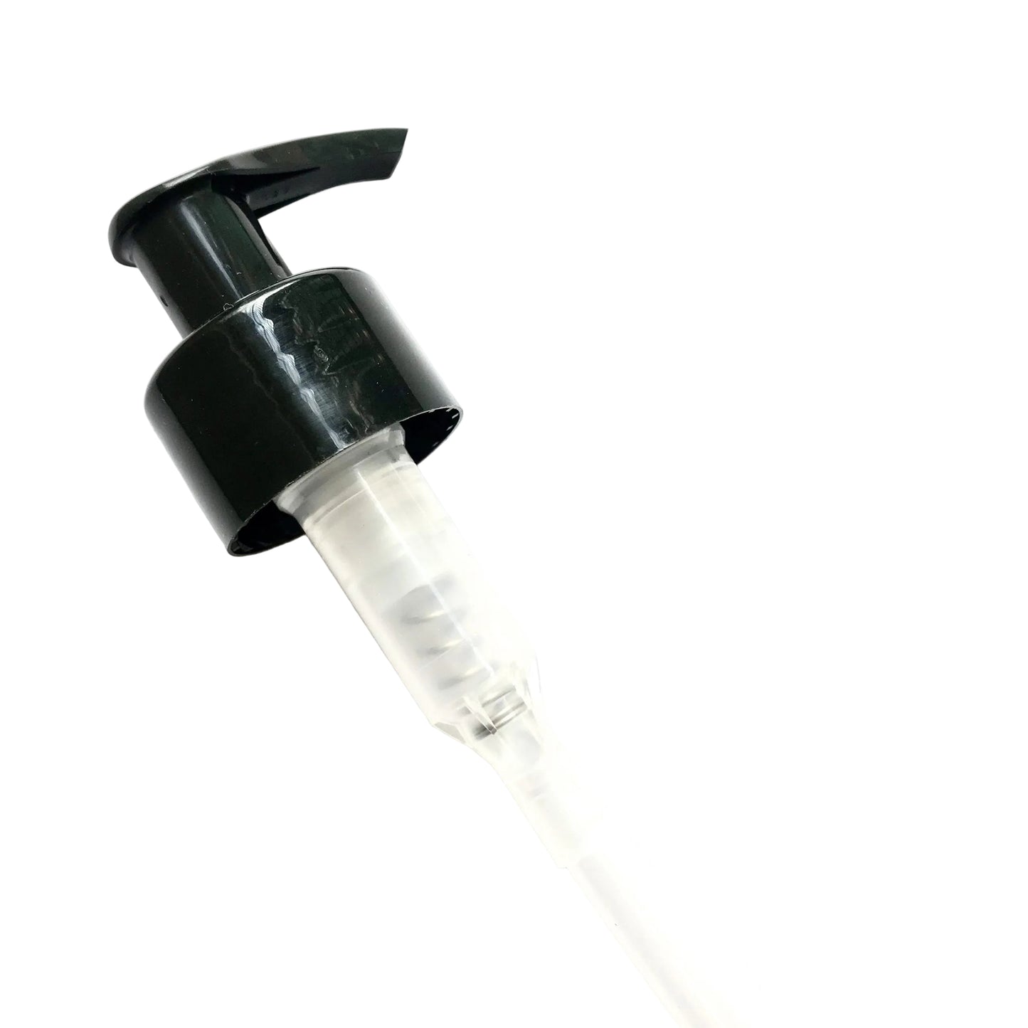 Black plastic 28mm lotion pump for a bottle on a white background