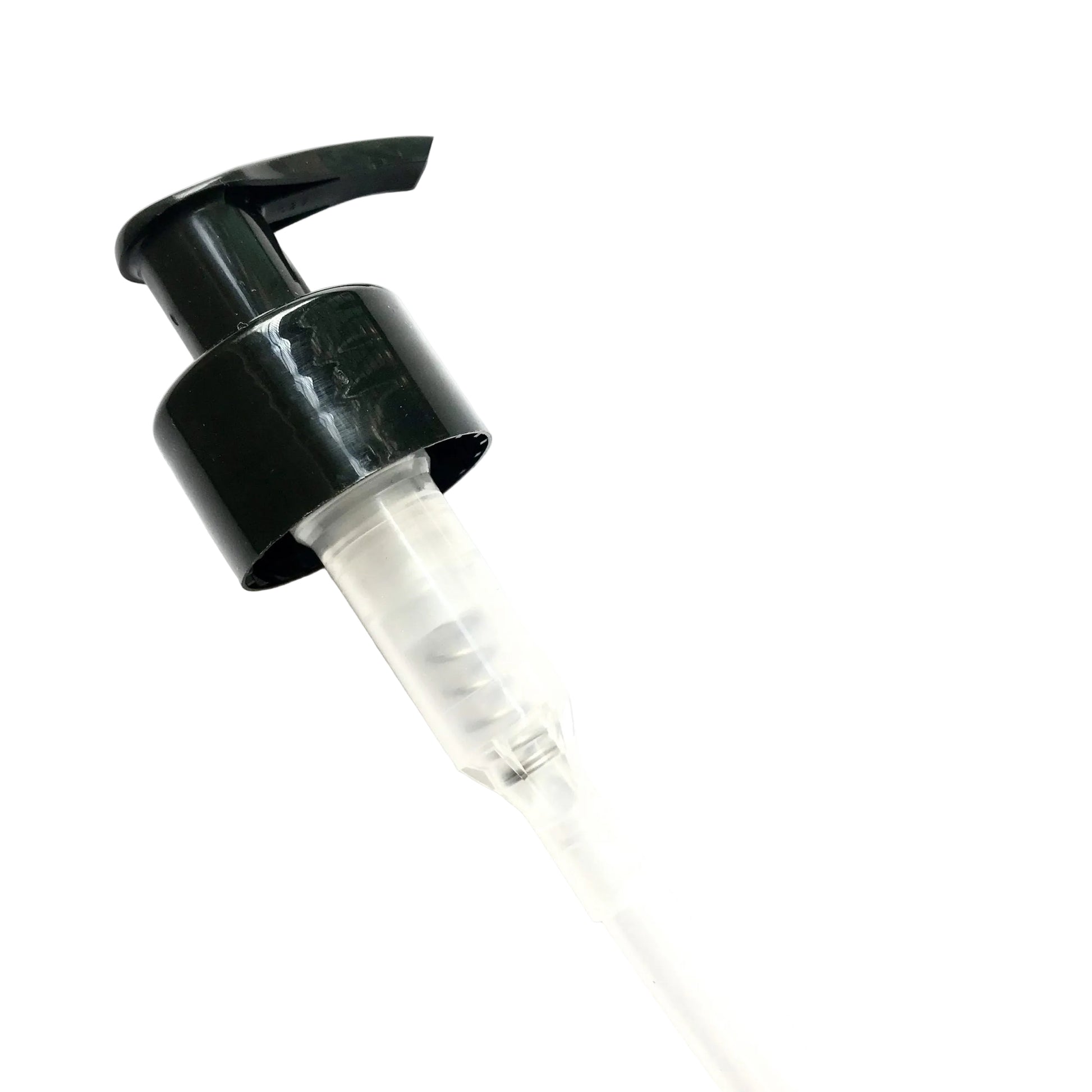 Black plastic 28mm lotion pump for a bottle on a white background