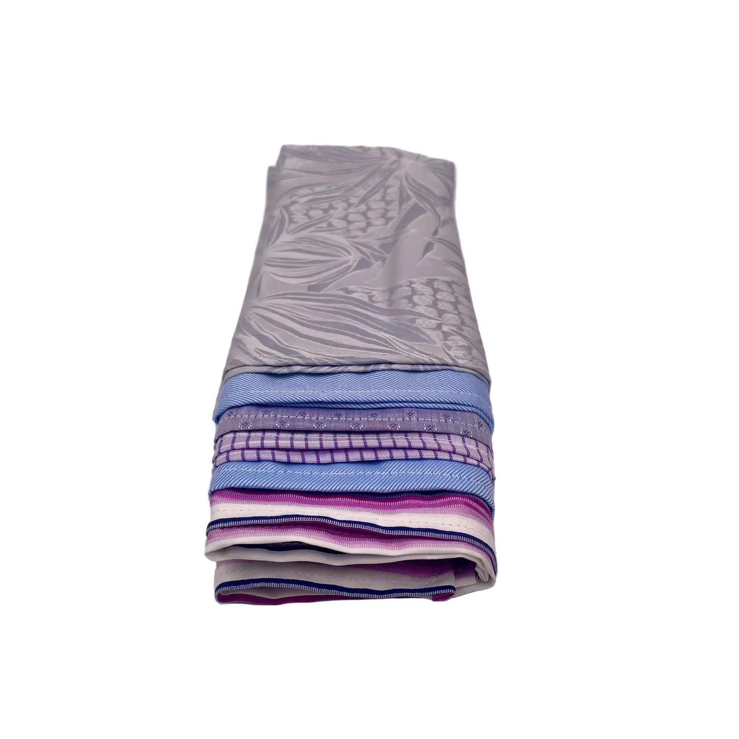 A stack of folded, handmade cotton handkerchiefs in shades of gray, blue, purple, and pink, arranged vertically on a white  background.