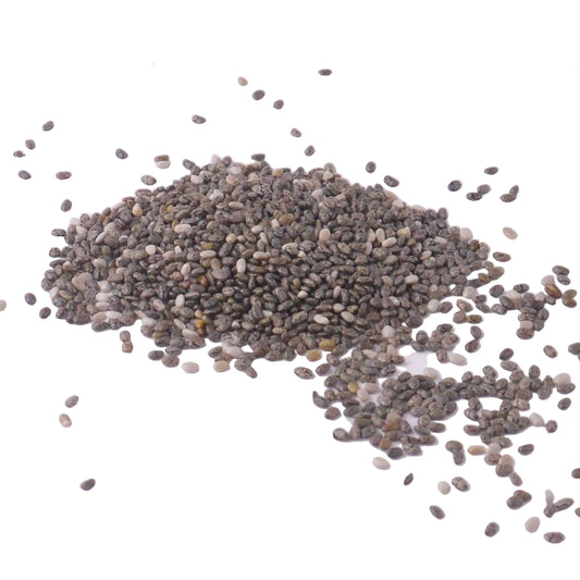 small, black/grey chia seeds scattered on a white background