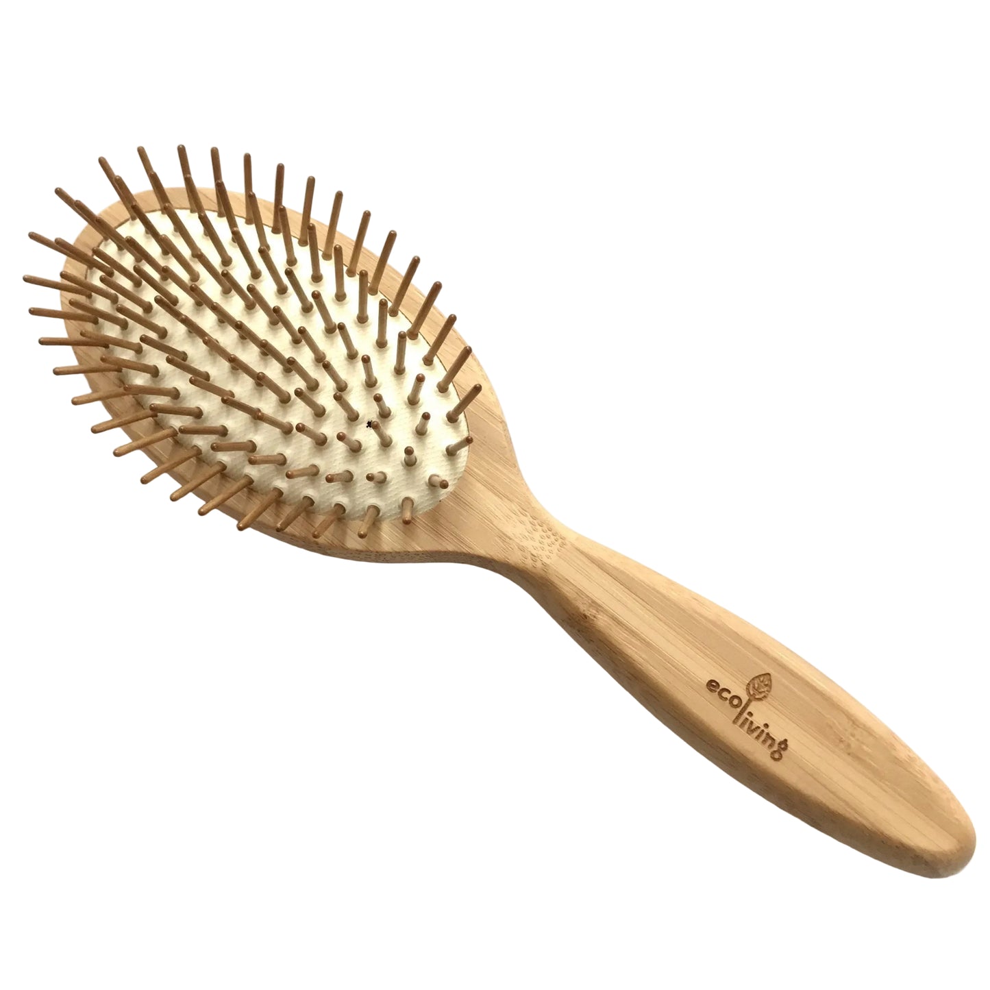 A sustainable bambaoo, oval shaped hairbrush with biodegradable rubber pad and wooden pins.
