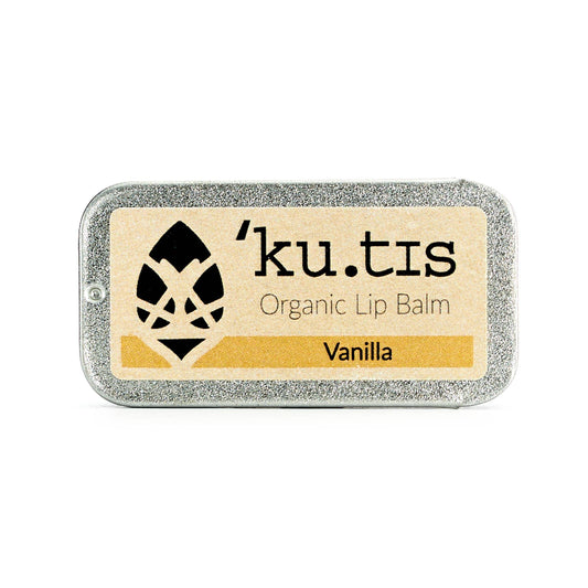 'ku.tis' organic lip balm packaging with vanilla flavor on a white background