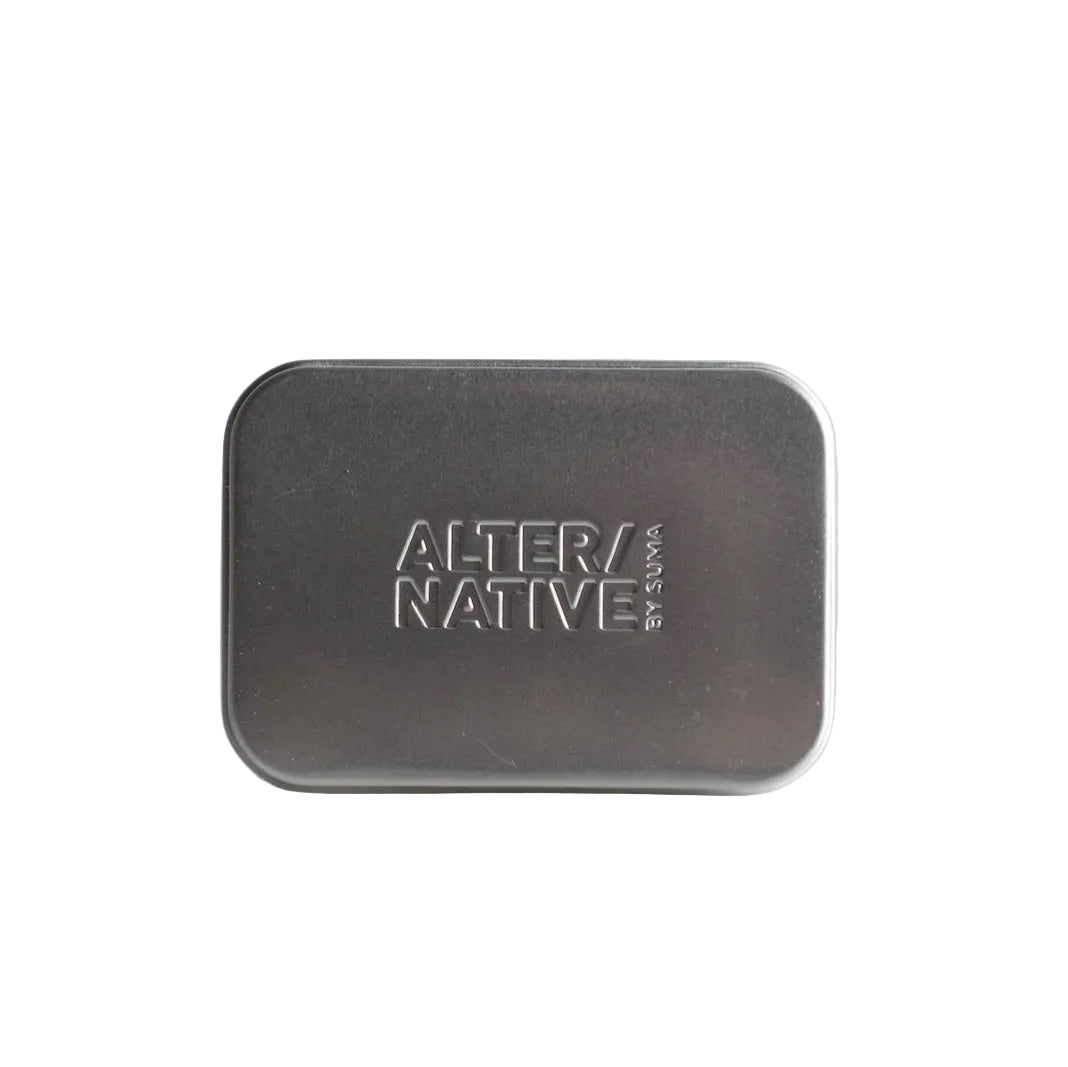 Aluminium soap travel tin on a white  background with 'Alter/native' branding 