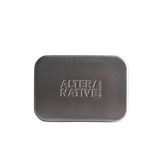 Aluminium soap travel tin on a white  background with 'Alter/native' branding 