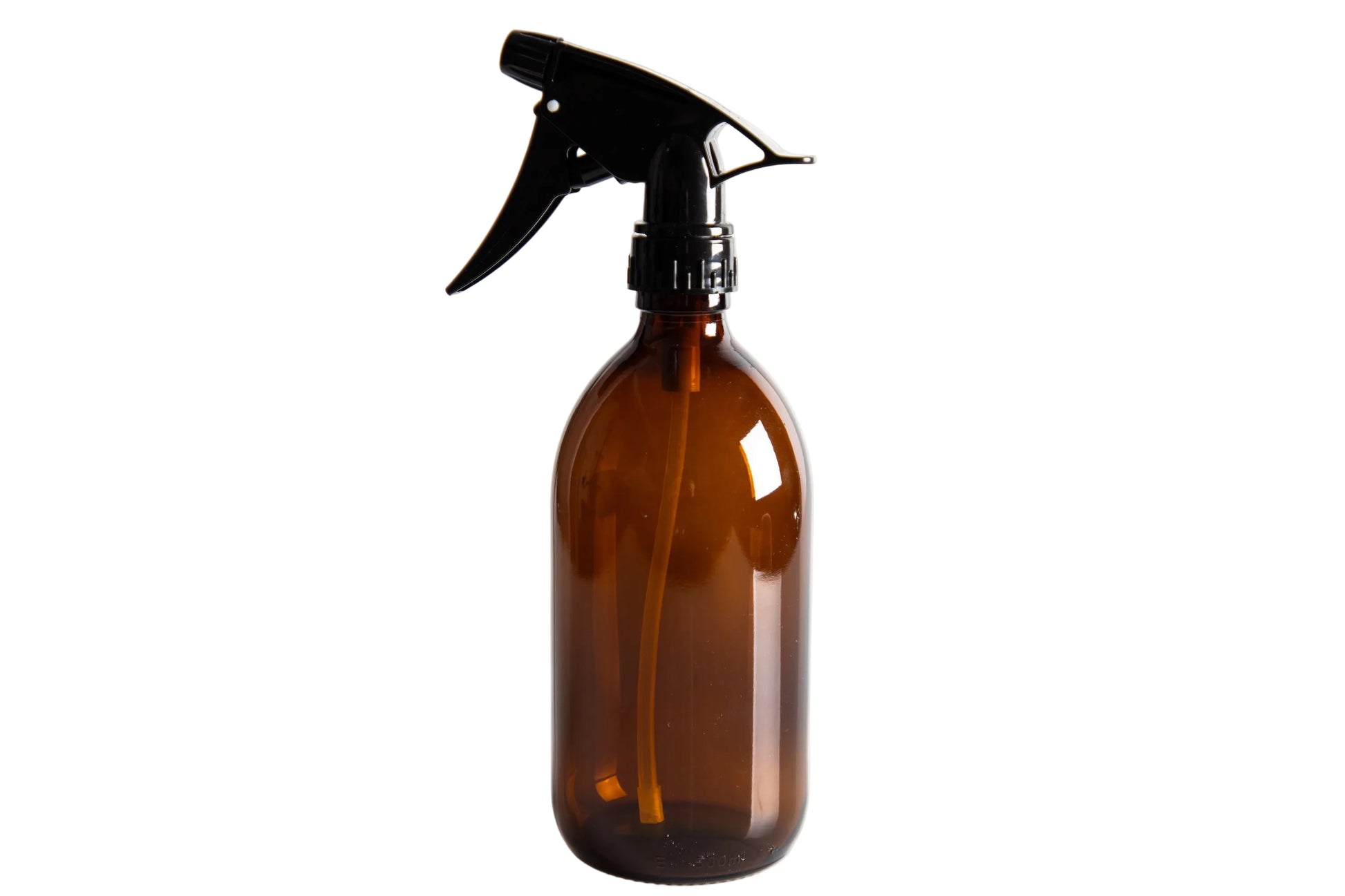 An empty amber glass spray bottle with a black trigger sprayer, set against a plain white background.