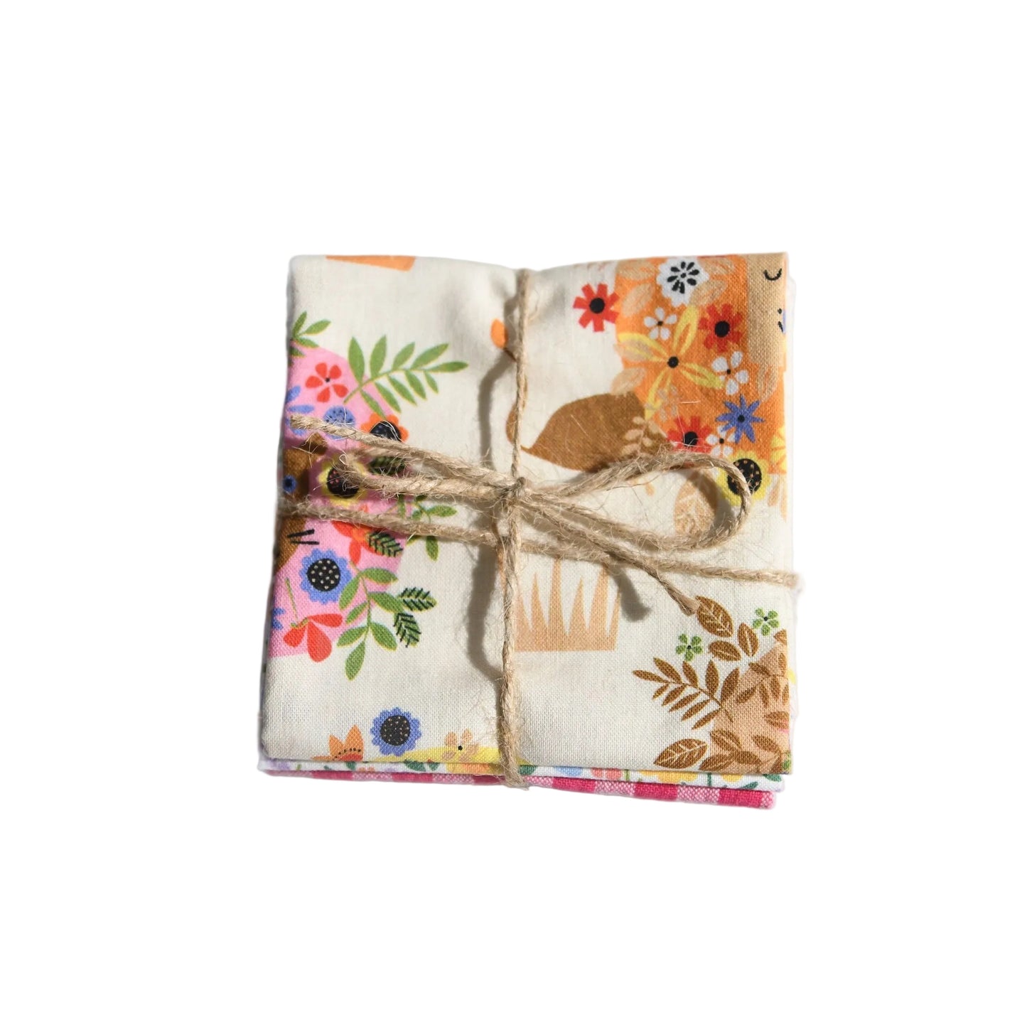 Pack of 3 colourful cotton handkerchiefs tied up with a jute string bow