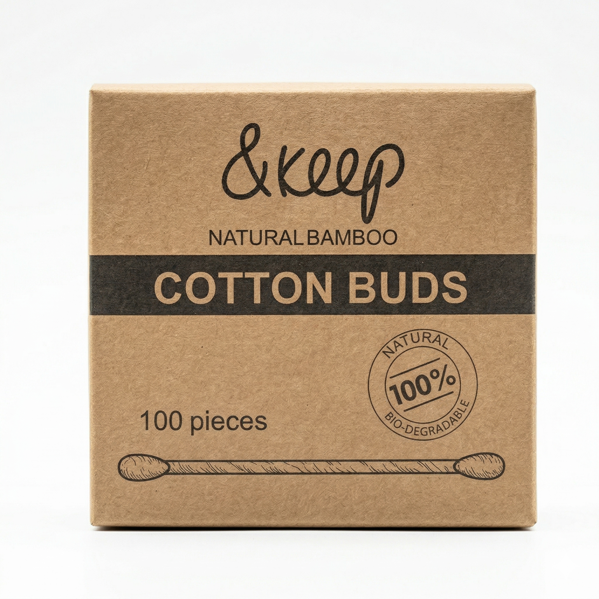 Kraft card Box of &keep natural bamboo cotton buds  shown on a white background