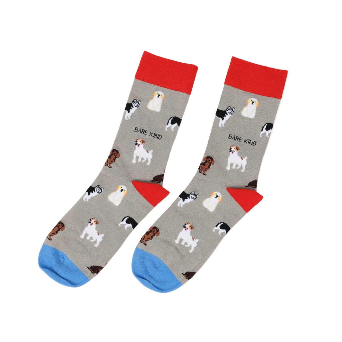 A pair of crew socks with a gray background printed with various dog illustrations and the text 'BARE KIND' The socks feature bright red cuffs and heels, blue toes, and are displayed on a clean white background.