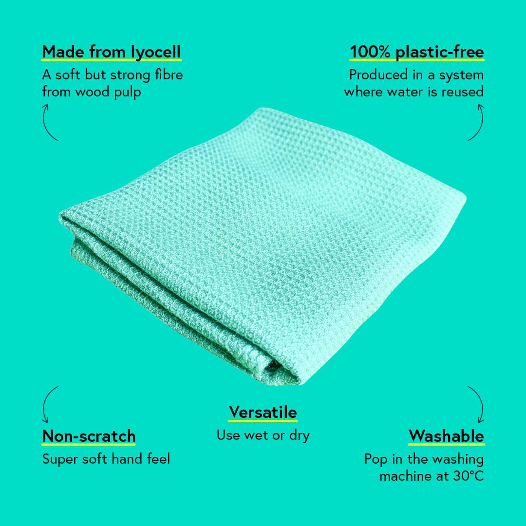 Folded green cloth with sustainability features descriptions on a teal background