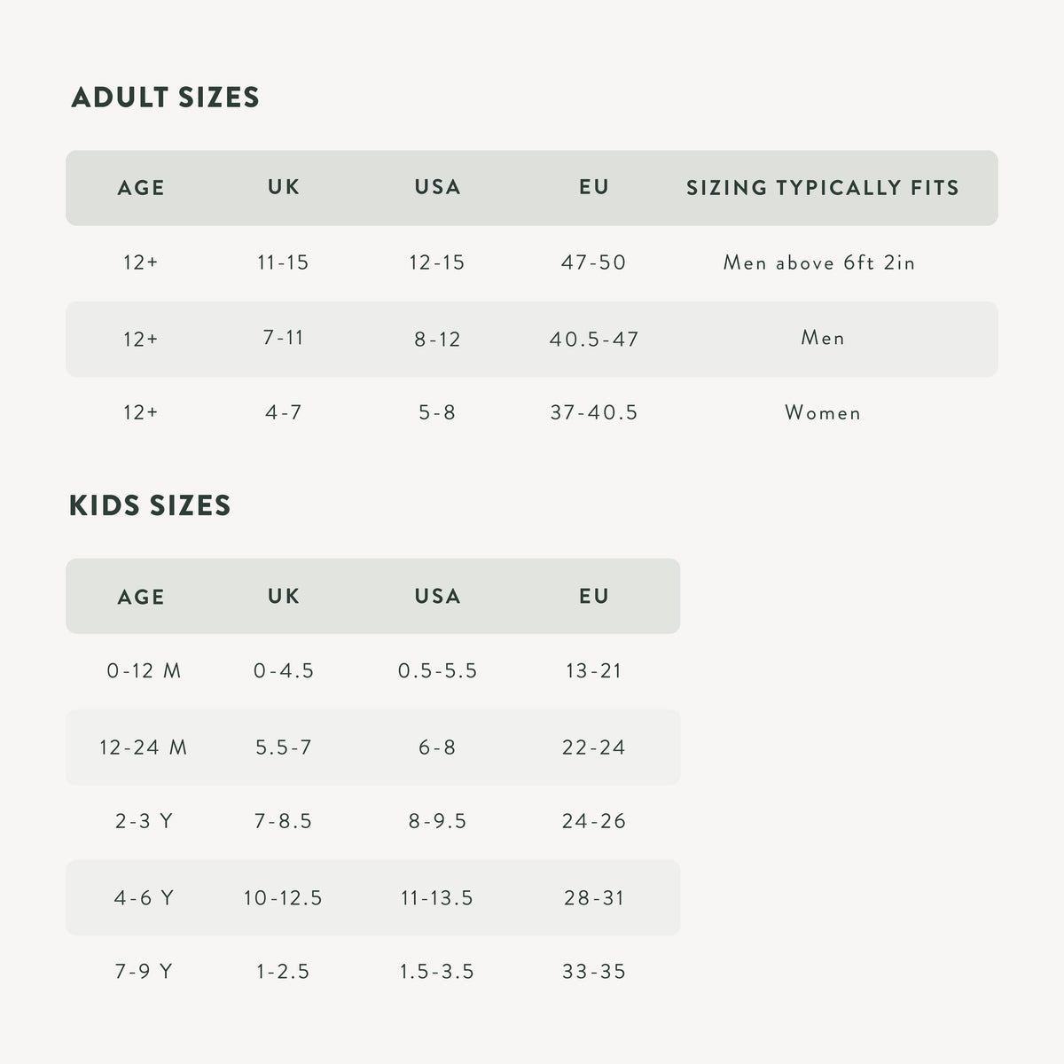 Size chart for adults and kids with age, UK, USA, and EU measurements.