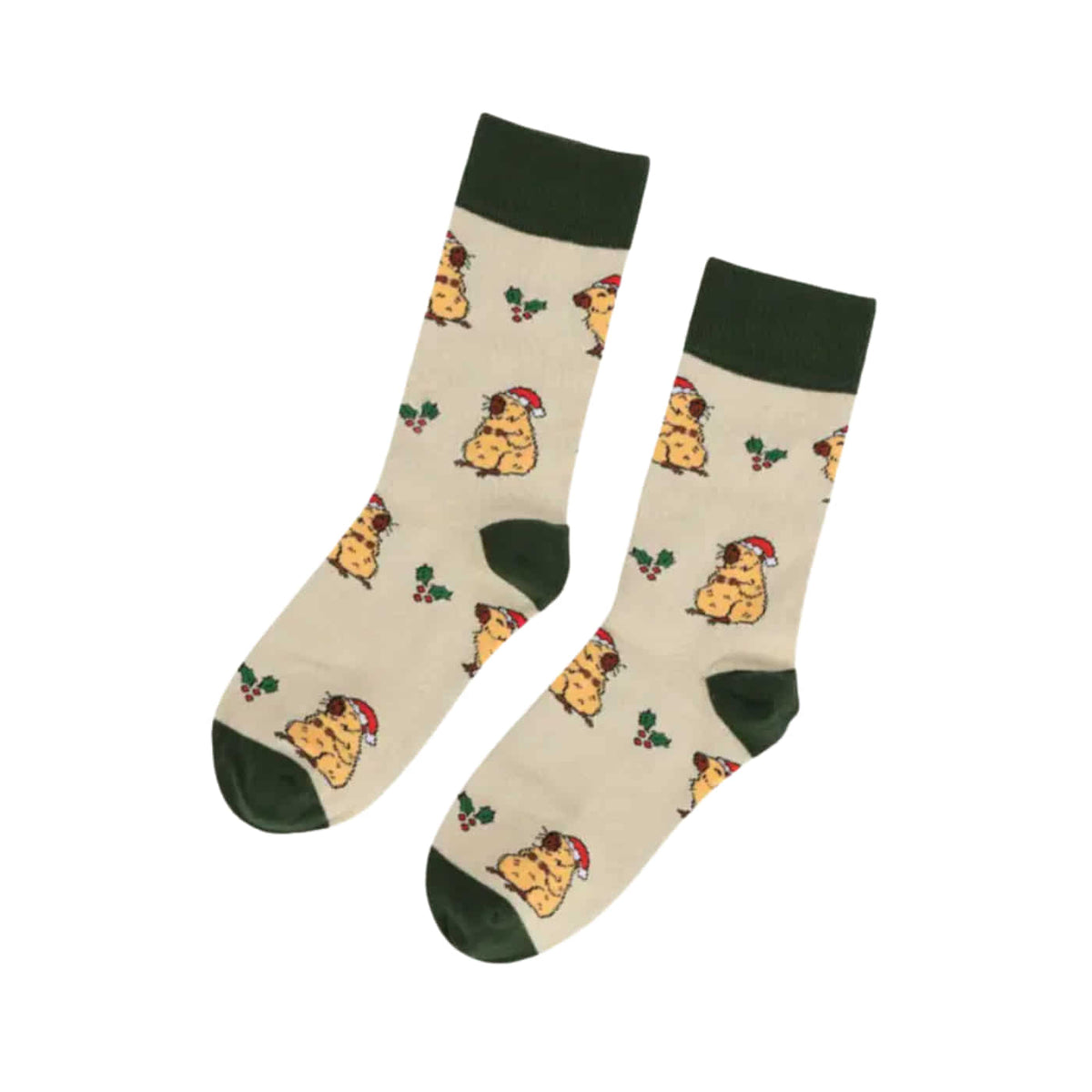 A pair of crew socks with a beige background featuring a repeating pattern of a golden retriever dog wearing a Santa hat, green holly leaves, and berries. The socks have dark green cuffs, heels, and toes, and are displayed on a clean white background.