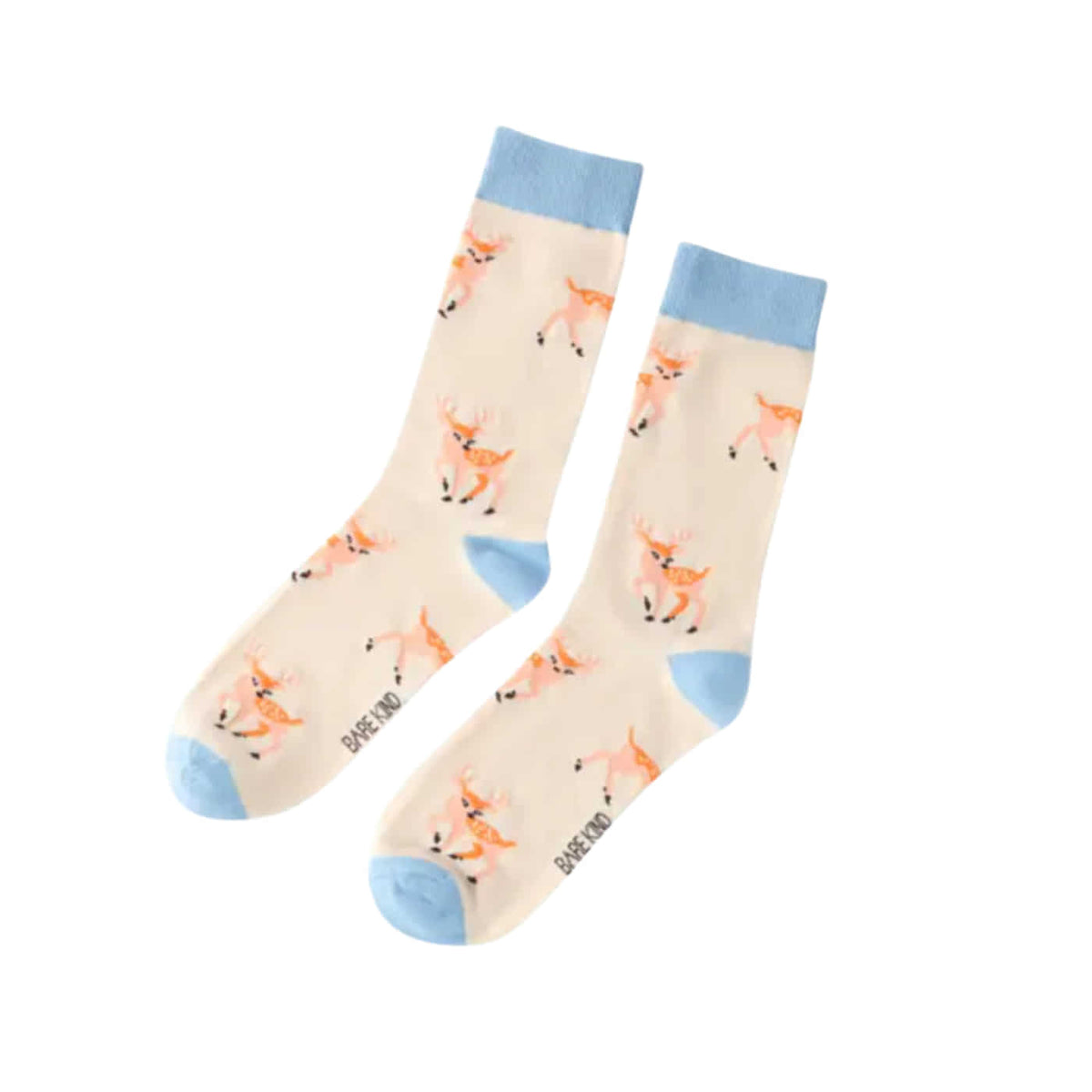 A pair of crew socks with a cream background, featuring a pattern of orange deer, light blue cuffs, heels, and toes. 