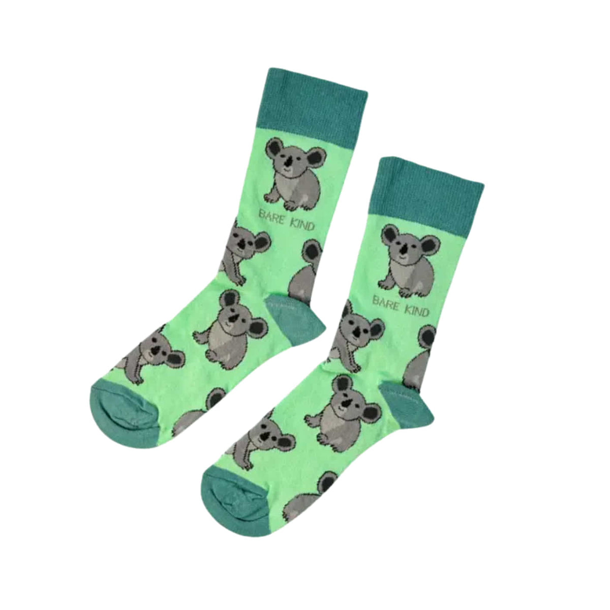 A pair of light green crew socks with a repeating cartoon koala print.