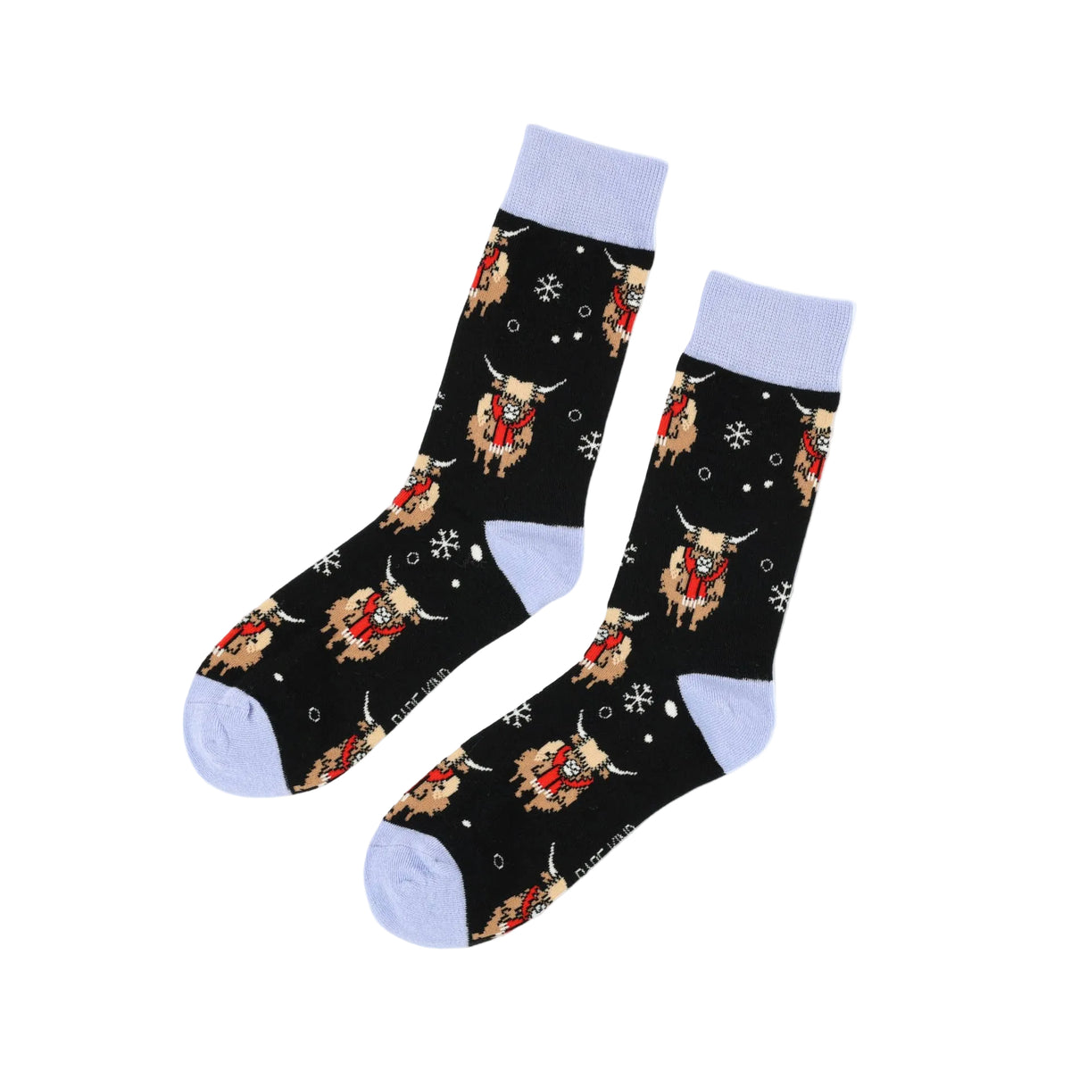 Pair of socks with a repeating pattern of a highland cow wearing a red scarf on a light blue background