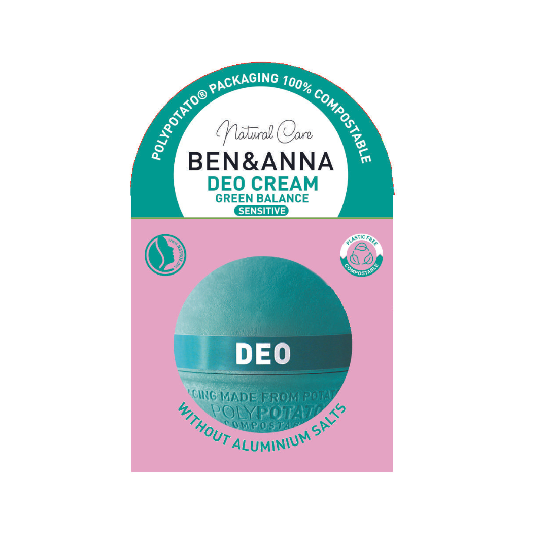 Ben & Anna deo cream packaging with green sphere and pink on a white background