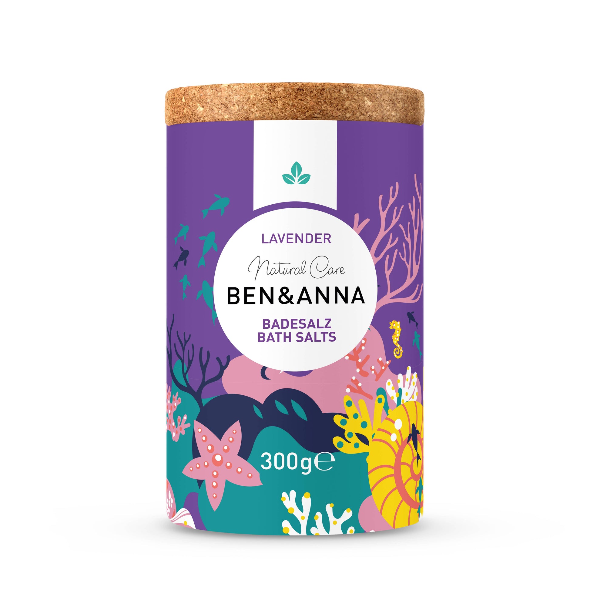BEN & ANNA bath salts packaging with colorful design and a cork lid on a white background