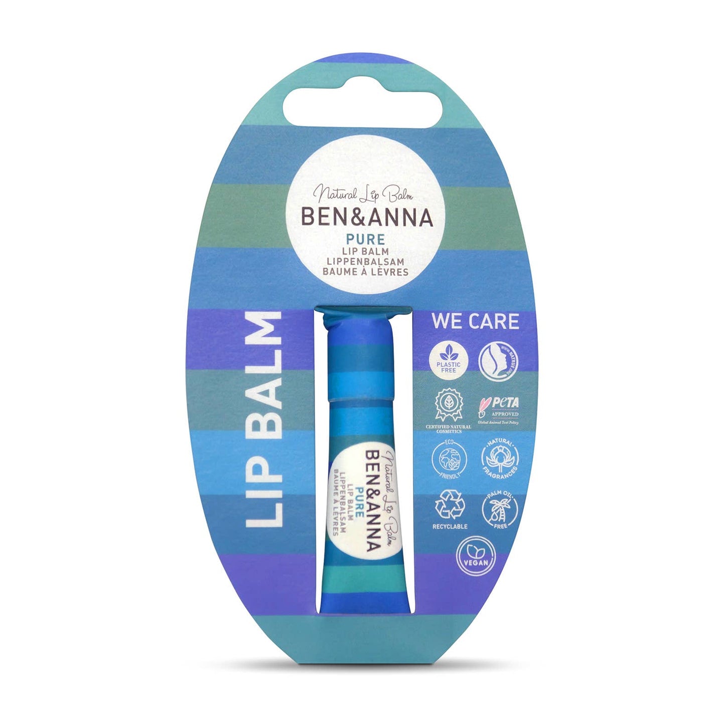 Ben & Anna lip balm packaging with blue and green gradient on a white background