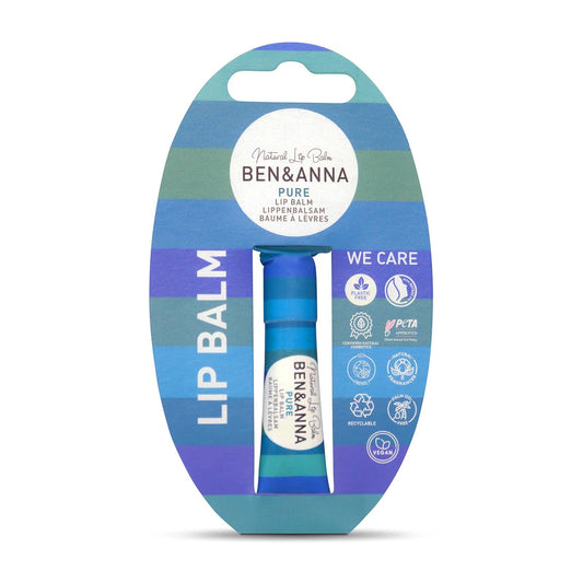 Ben & Anna lip balm packaging with blue and green gradient on a white background