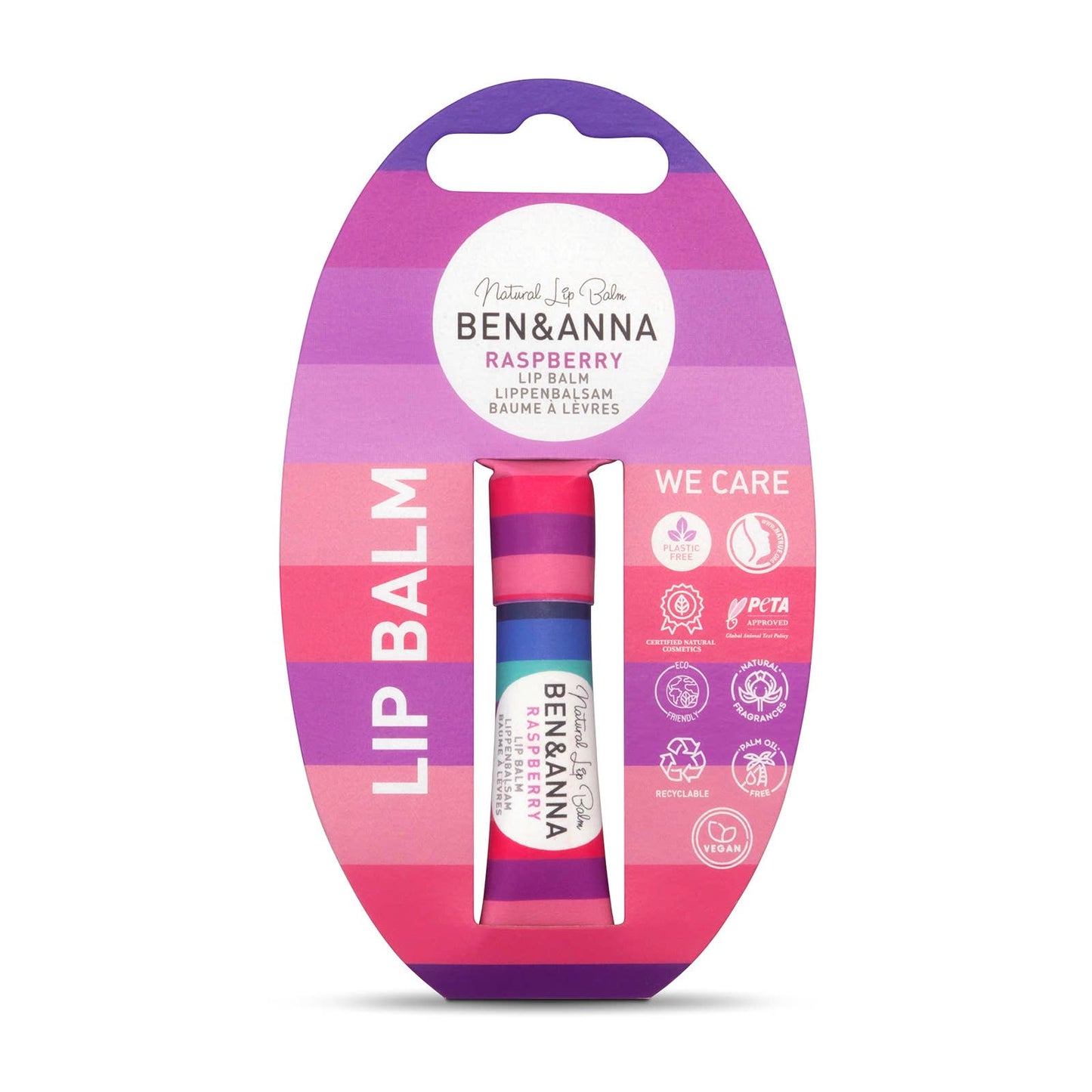 Ben & Anna raspberry lip balm packaging on a white background