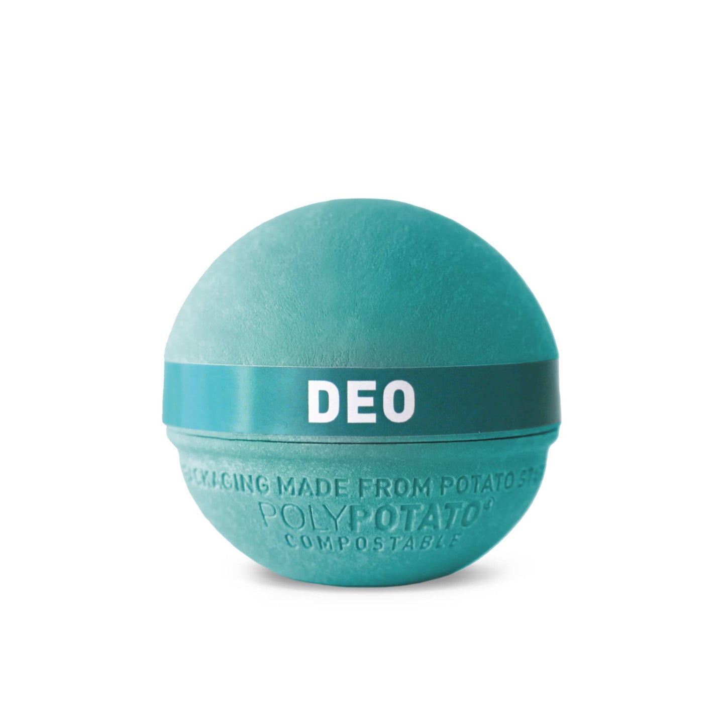 Teal deodorant ball with 'DEO' label on a white background