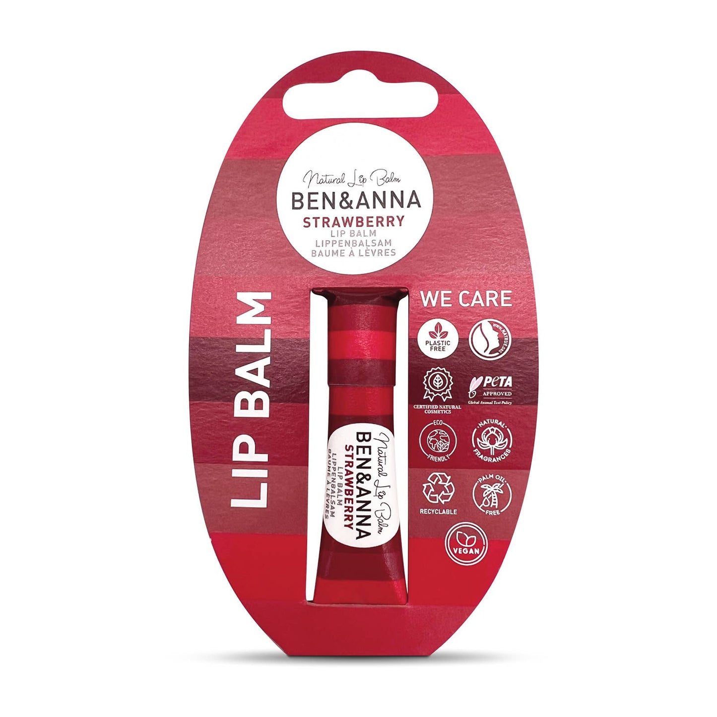 Ben & Anna strawberry lip balm packaging on a white background