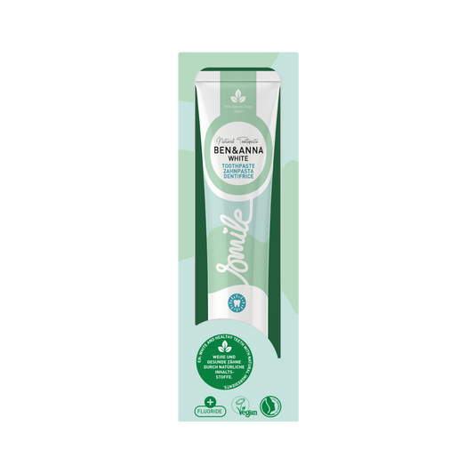 Ben & Anna White toothpaste in cardboard packaging on a white background