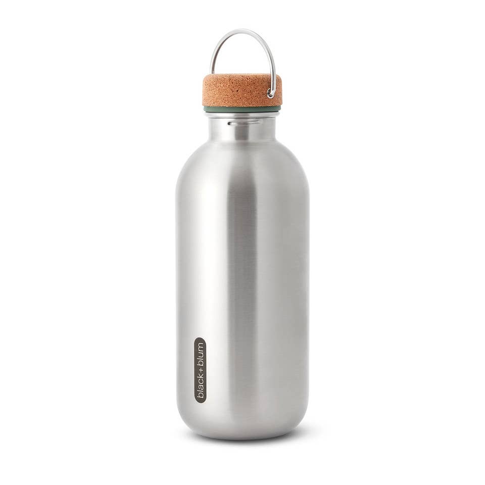 A Stainless steel water bottle with cork cap and metal loop shown on a white background