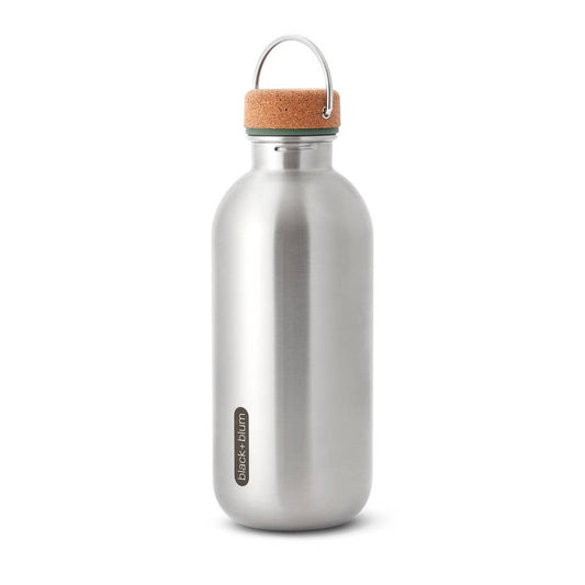A Stainless steel water bottle with cork cap and metal loop shown on a white background