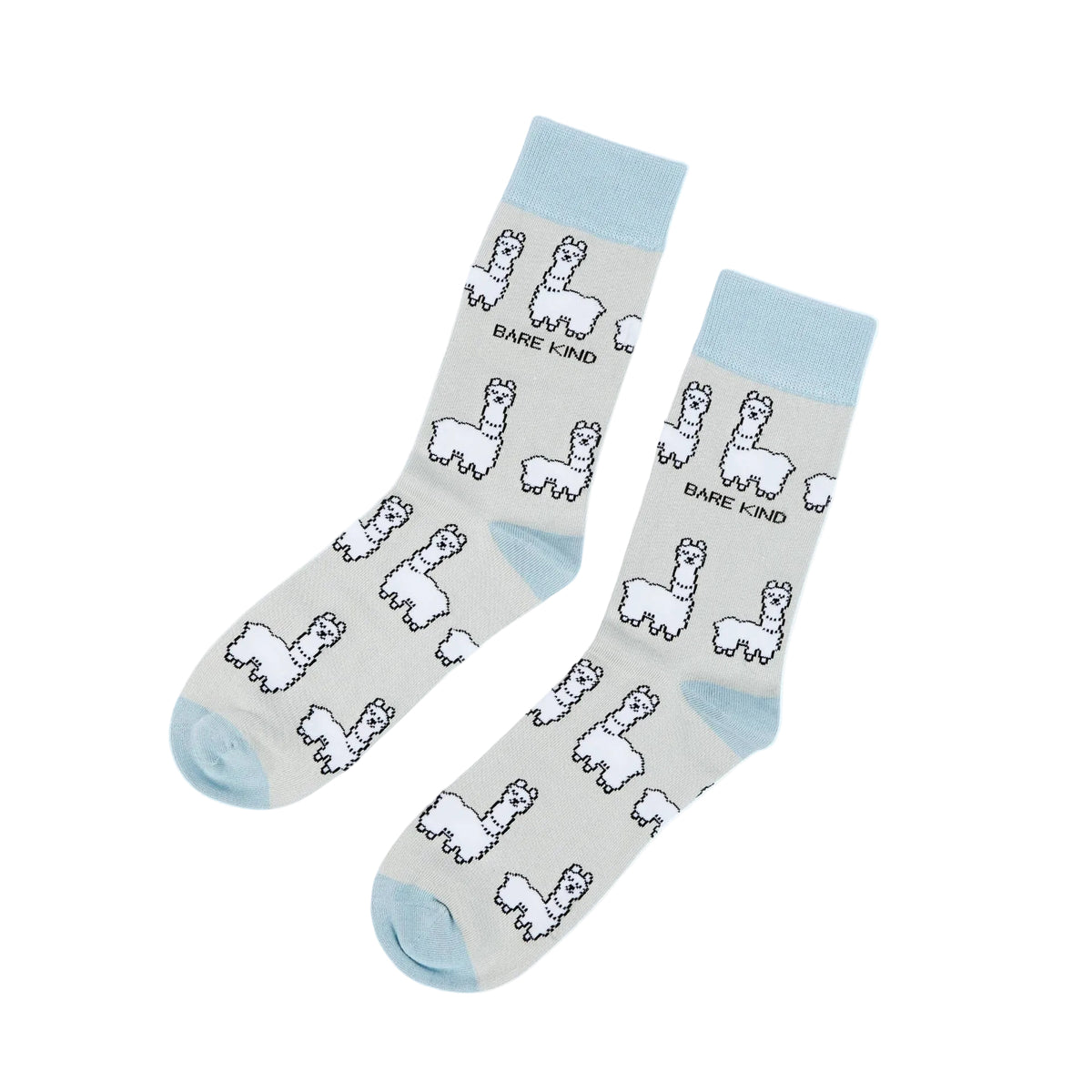 Pair of socks with an Alpaca pattern and 'Bare Kind' text on a white background
