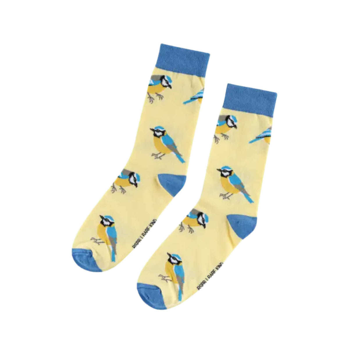 A pair of crew socks with a pale yellow background and a blue and blue tit bird pattern, featuring solid blue cuffs, heels, and toes. 