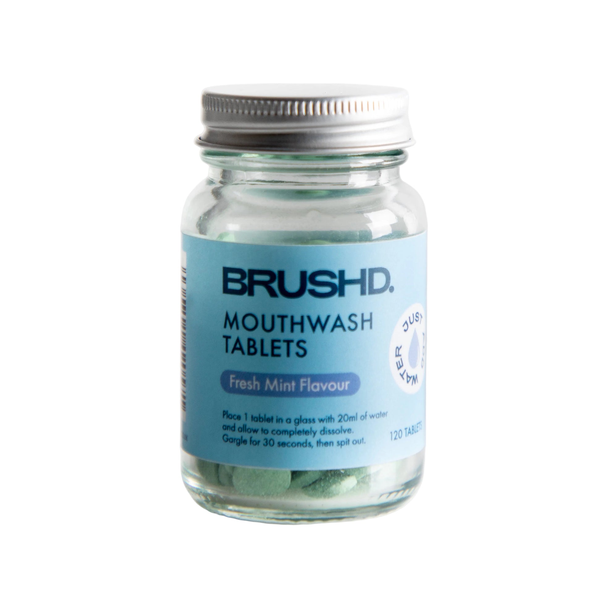 Glass jar containing Brushd mouthwash tablets in Fresh Mint flavour