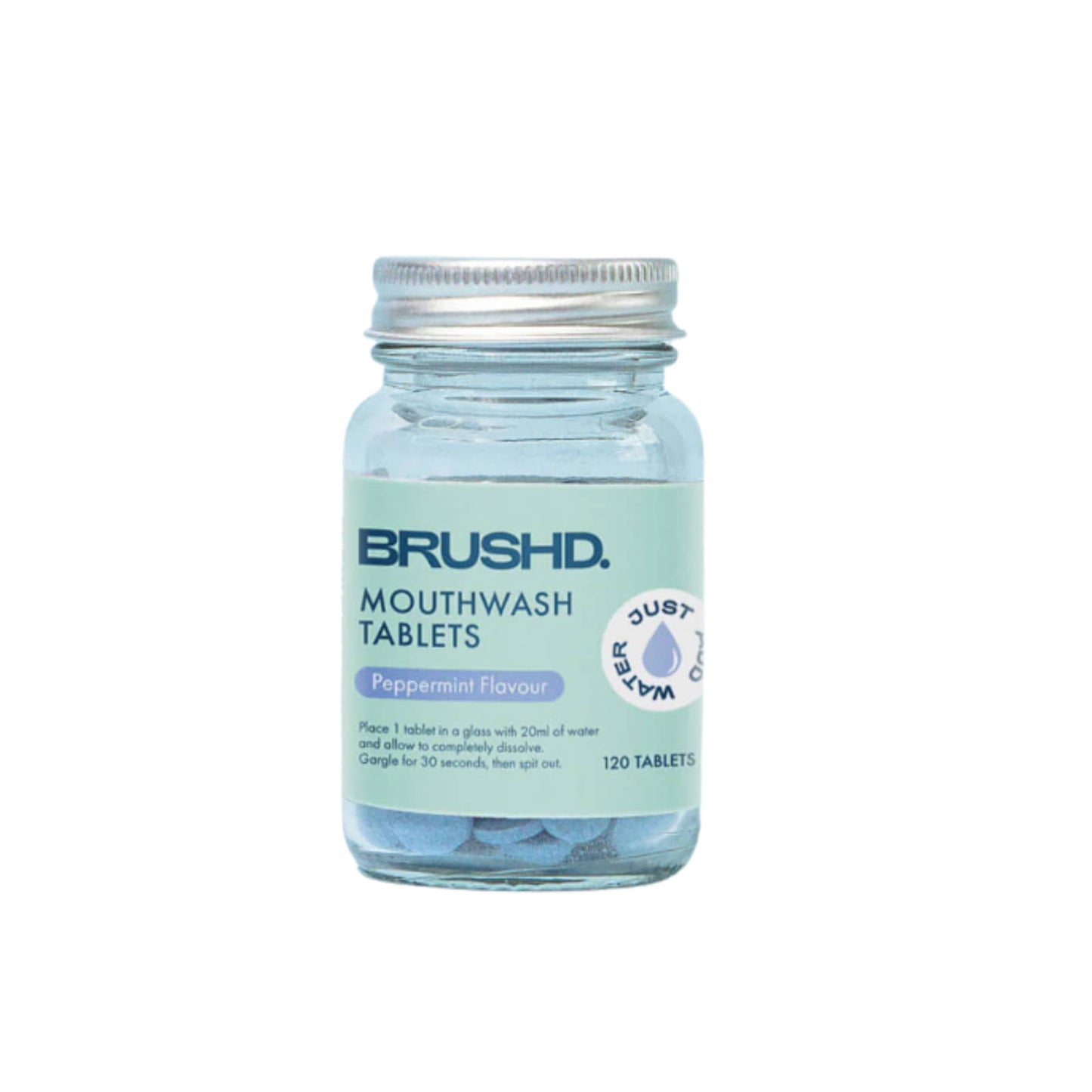 Glass jar of Brushd mouthwash tablets, peppermint