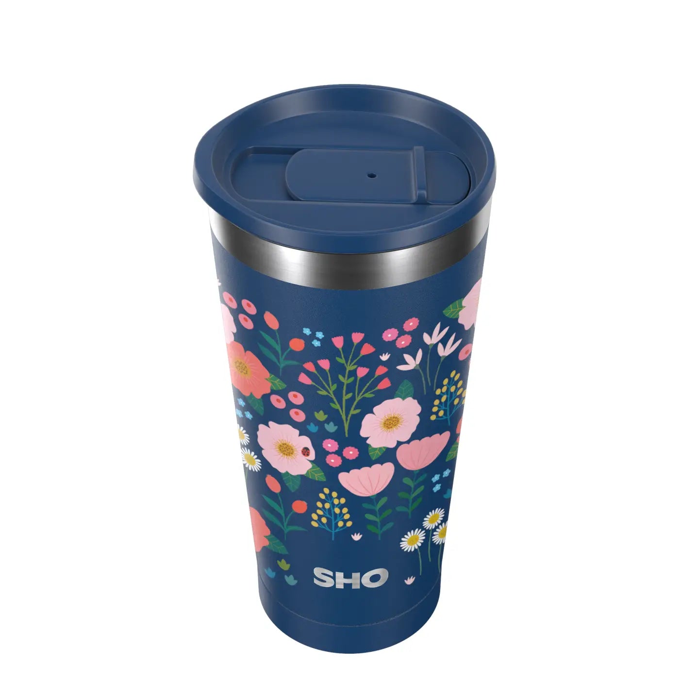 Calix insulated metal coffee cup on a white background which is coloured blue with  pink flowers 