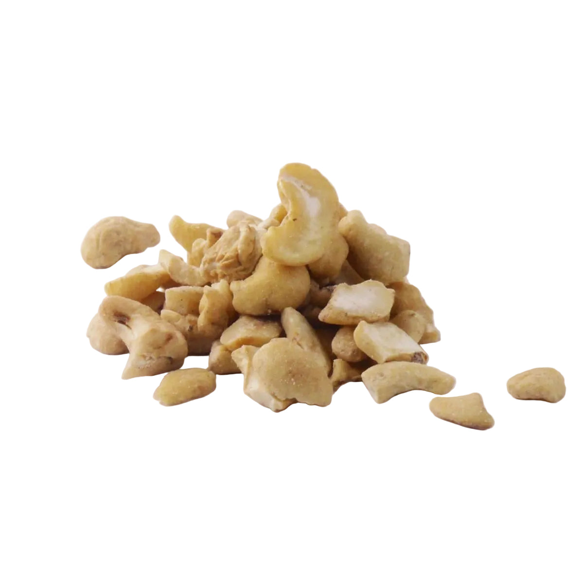 a pile of cream coloured pieces of cashew nut on a white background