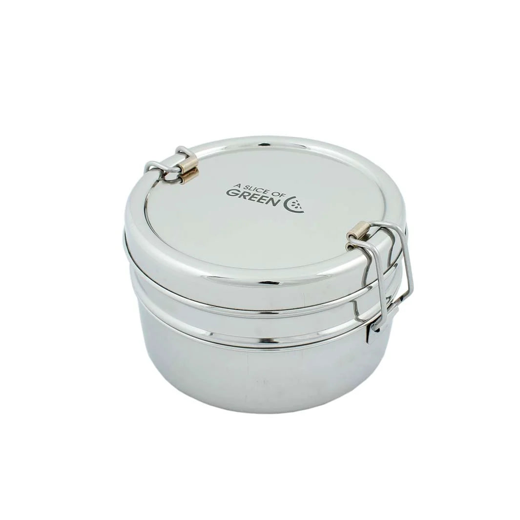 Round 2-tier silver metal lunch box with 'A Slice of Green' logo shown on a white background